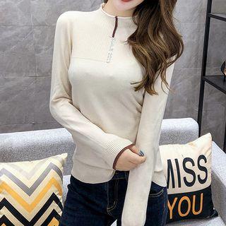 Long-sleeve Contrast Trim Mock Neck Knit Top