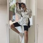 Set: Contrast-trim Drawstring Oversized Jacket + Biker Leggings