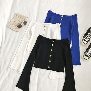 Off-shoulder Bell-sleeve Single-breasted Knit Top