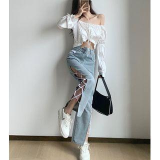 Cropped Blouse / Lace-up Straight-leg Jeans