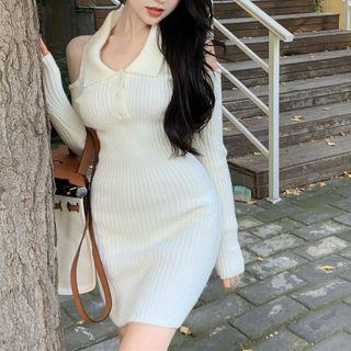 Cold-shoulder Knit Mini Collared Dress