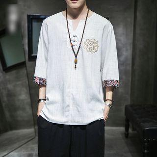 Flower Embroidered Printed 3/4-sleeve Shirt