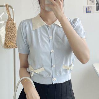 Elbow-sleeve Collar Ribbon Knit Top