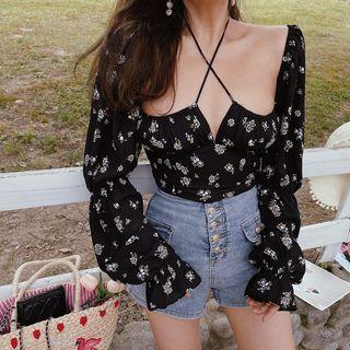 Long-sleeve Halter Floral Blouse