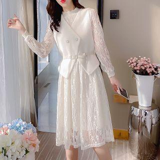 Set: Lace Long-sleeve Shift Dress + Vest