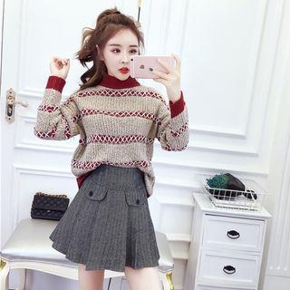 Set: Mock-neck Sweater + High Waist A-line Skirt
