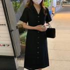 Short-sleeve Collar Button-up Midi A-line Dress Black - One Size