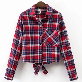 Long-sleeved Open-front Gingham Plaid Blouse