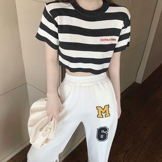 Set: Striped Short-sleeve Cropped T-shirt + High-waist Slit-side Pants Short Sleeve - Stripe - One Size / Pants - White - One Size