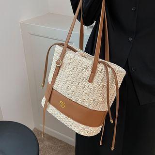 Faux Leather Panel Woven Bucket Bag