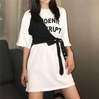 Set: Lettering Short-sleeve Long T-shirt + Diagonal Tie-waist Top