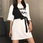 Set: Lettering Short-sleeve Long T-shirt + Diagonal Tie-waist Top