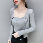 Set: Plain Camisole Top + Long-sleeve Single-breasted Top