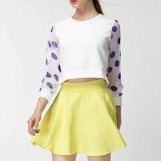 Dotted Panel Long-sleeve Top / Ruffle Mini Skirt
