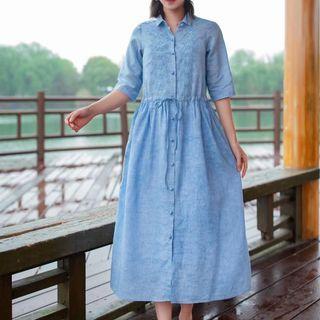 Elbow-sleeve Flower Embroidered Midi Collared Dress