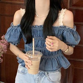 Cold-shoulder Denim Peplum Top