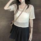 Short-sleeve Perforated Knit Top / Camisole Top / Pleated Skirt