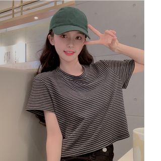 Short-sleeve Striped Cropped T-shirt Stripes - Gray & Black - One Size