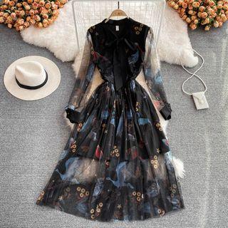 Long-sleeve Tie-neck Print Mesh Panel Midi A-line Dress