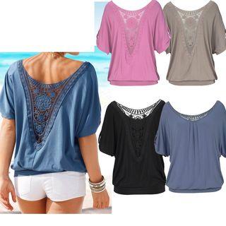 Crochet Lace Back Short-sleeve T-shirt