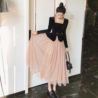Long-sleeve Mesh Panel Velvet Dress As Shown In Figure - One Size