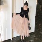Long-sleeve Mesh Panel Velvet Dress As Shown In Figure - One Size
