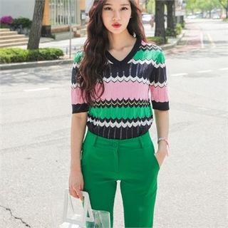 V-neck Multicolor Stripe Knit Top