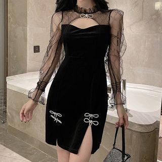 Mesh Panel Slit Mini Sheath Dress