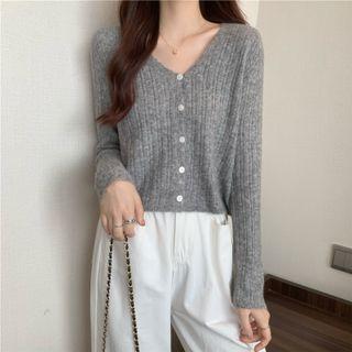 V-neck Plain Ribbed Cardigan