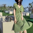 Elbow-sleeve Crinkled Dress Green - One Size