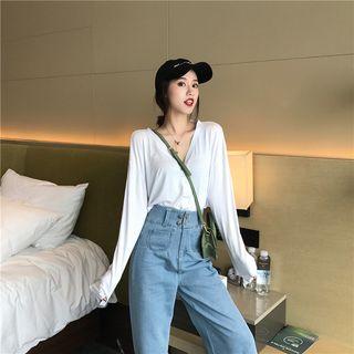 V-neck Long-sleeve T-shirt Top - White - One Size