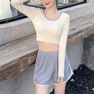 Set: Long-sleeve Crop Swim Top + Shorts + Bottom