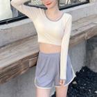 Set: Long-sleeve Crop Swim Top + Shorts + Bottom