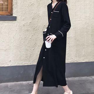Long-sleeve V-neck Single-breasted Midi Knit Dress