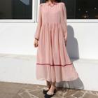 Frilled-neck Dotted Long Dress With Belt Pink - One Size