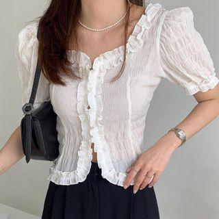 Short-sleeve Square-neck Plain Ruffled-trim Shirt