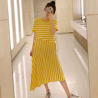 Short-sleeve Striped Asymmetrical Midi Knit Dress