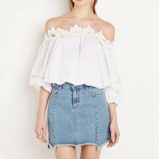 Lace Trim Lantern Sleeve Off-shoulder Top
