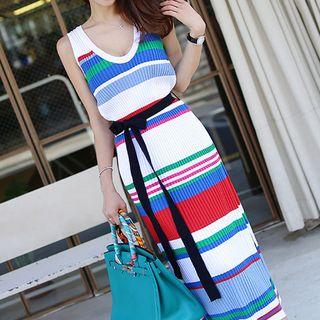 Striped Midi Knitted Tank Dress With Belt - As Shown In Figure - One Size