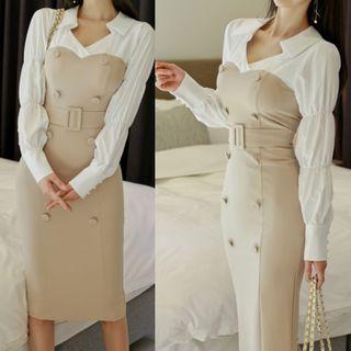 Long-sleeve Mock Two-piece Collared Sheath Dress