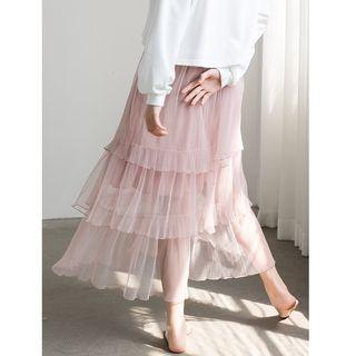 Mesh Midi A-line Tiered Skirt