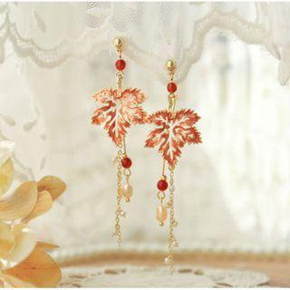 Faux Pearl Maple Leaf Drop Earring 1 Pair - Silver Needle - Gold - One Size