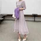 Puff-sleeve Floral Print Long Dress Purple - One Size