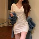 Short-sleeve V-neck Mini Sheath Dress White - One Size