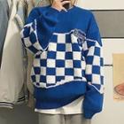 Color Block Plaid Sweater Blue - One Size