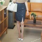 Button-front Slit-hem Skirt