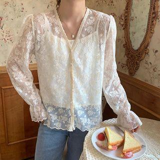 V-neck Bell-sleeve Lace Blouse Almond - One Size