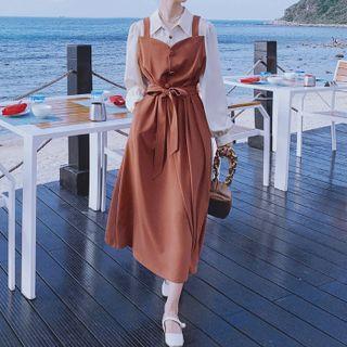 Long-sleeve Mock Two-piece Henley Midi Shirt Dress