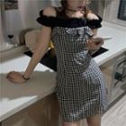 Off-shoulder Plain Top / Plaid Spaghetti Strap Mini Dress