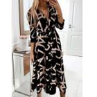 Long-sleeve Print Lace-up Shirtdress